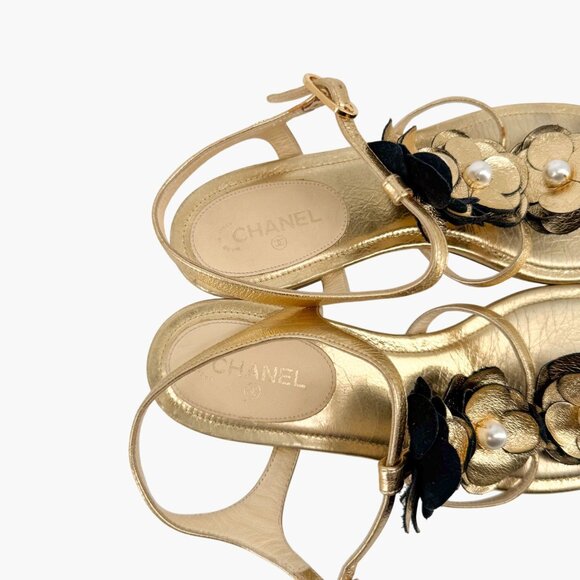 Chanel Camellia Pearl T-Strap Sandals Gold Leather Size 37C US 6–6.5 Women Flat - Picture 15 of 15